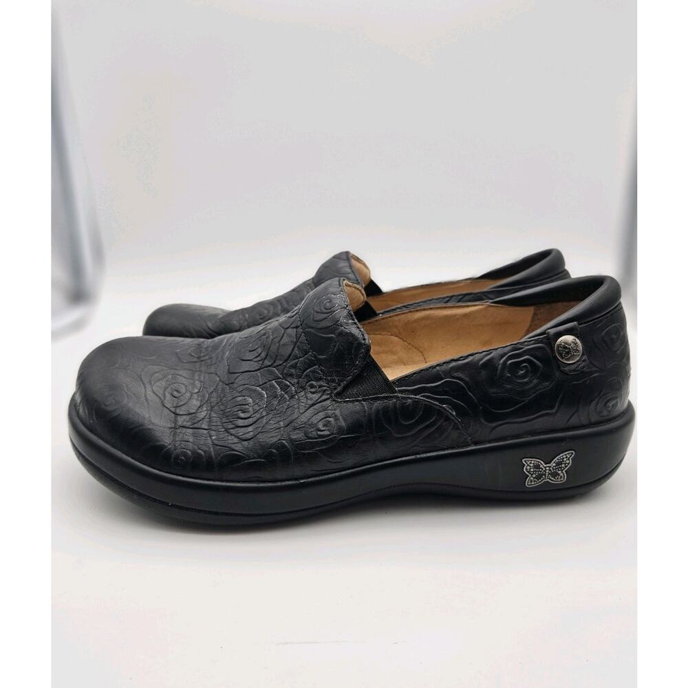 Alegria KEL-541 Black Floral-Rossette Leather Comfort Clog Slip-On Shoes EU 38